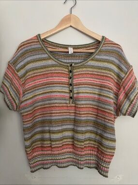 Anthropologie Striped Short-Sleeve Henley in Coral, Olive & Gray